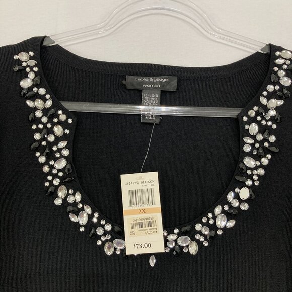New Cable & Gauge size 2X Black Embellished 3/4 Sleeve Knit Sweater Evening - Picture 3 of 7